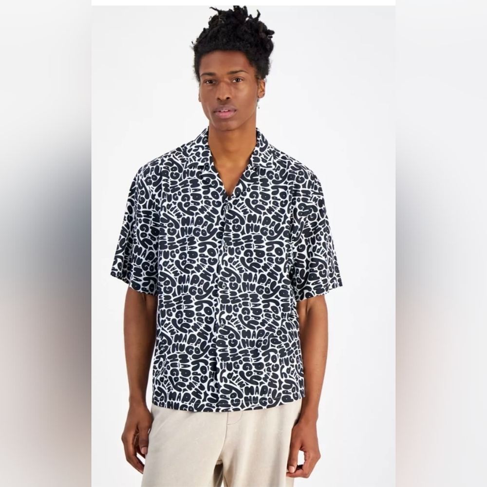 HUGO Boss Eligino Button-Up Resort Shirt In Monochrome Black & White Size XL - Picture 3 of 10
